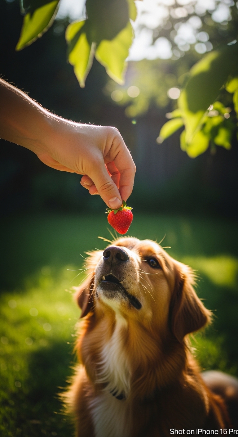 A dog eating a strawberry.