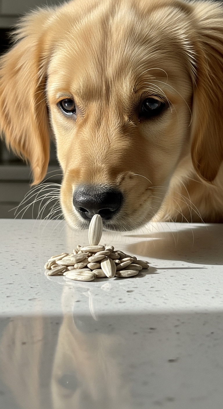 A dog eating sunflower seeds.