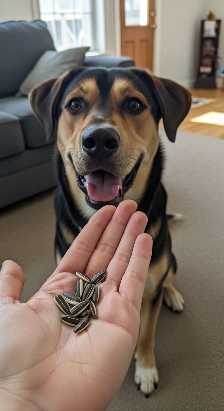 A dog is smiling while a person holds a handful of sunflower seeds.