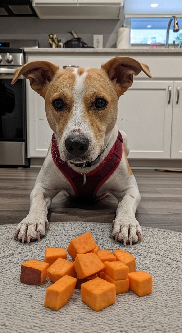 A dog is eating a sweet potato.
