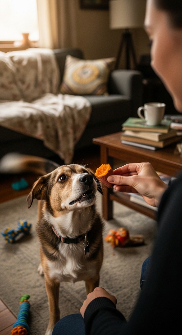 A dog eating a sweet potato.