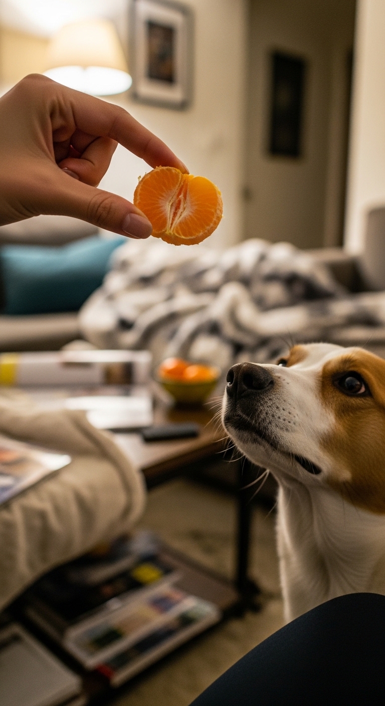 A dog eating an orange.