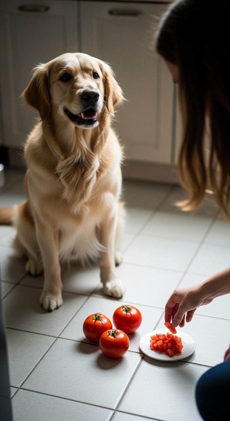 A woman is feeding a dog tomatoes.