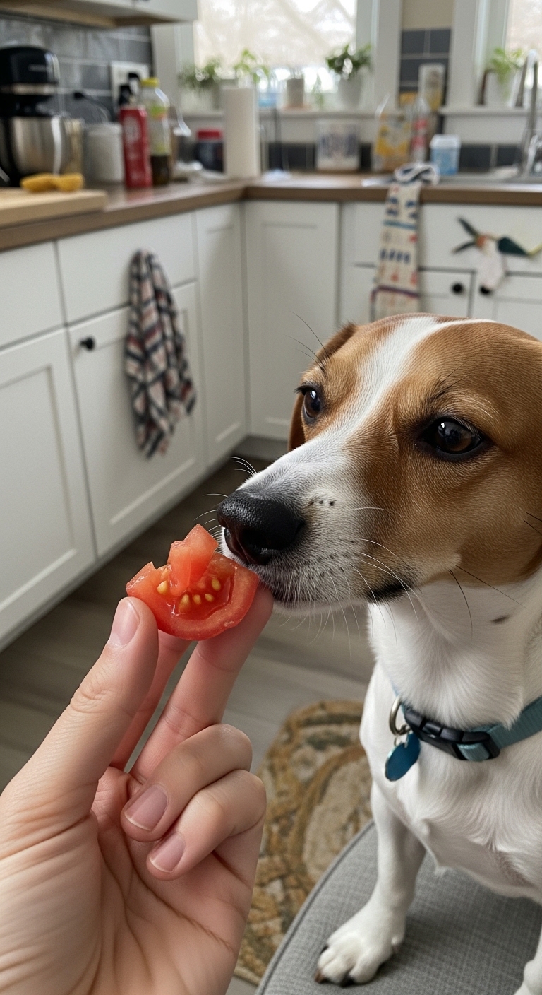 A dog eating a tomato.