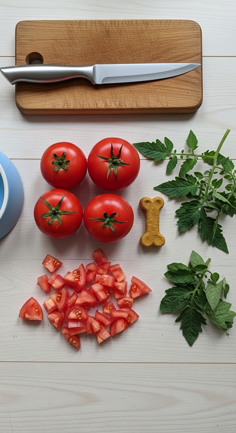 Tomatoes, a dog bone, and parsley on a table.