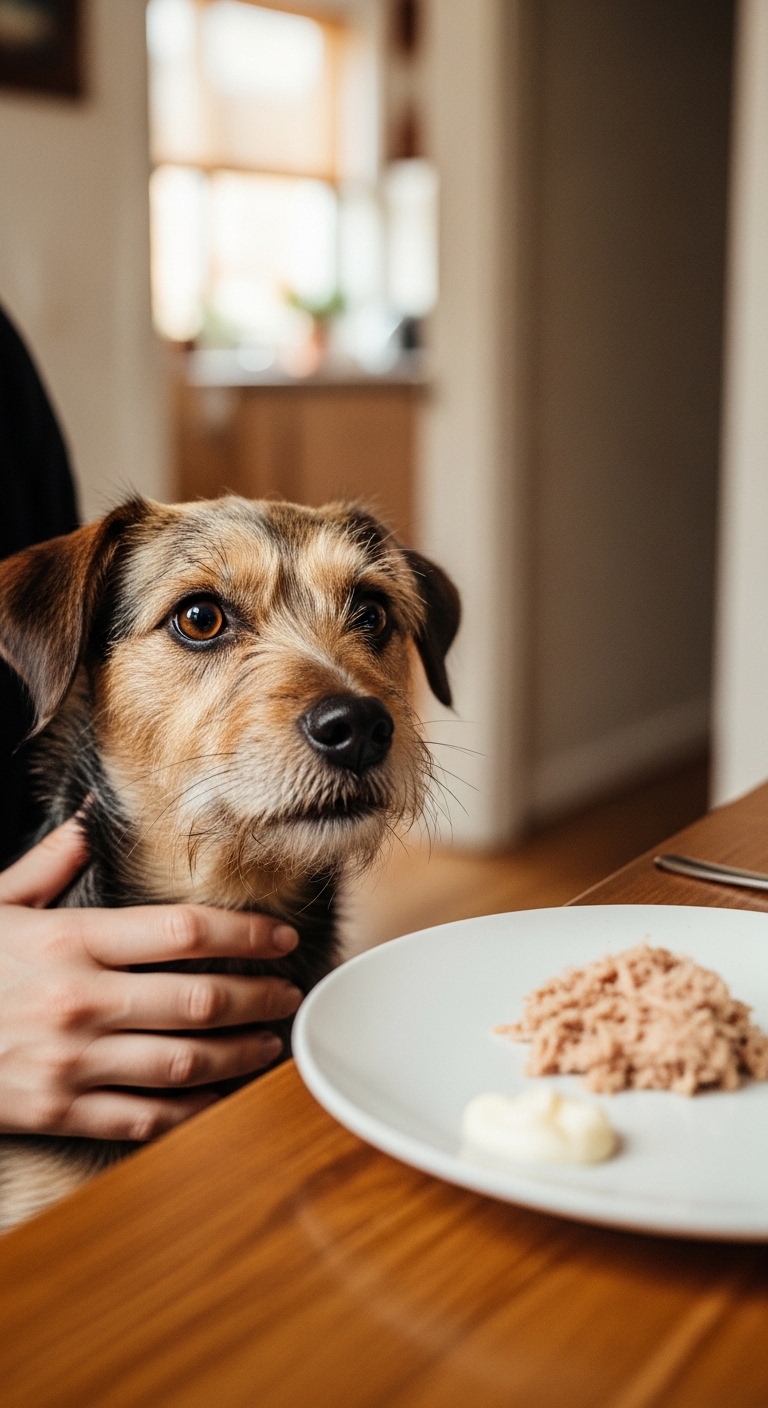 A dog is eating tuna.