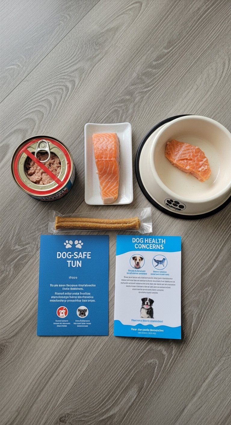 A can of tuna is on a table with a bowl of tuna and a dog-safe tuna sign.