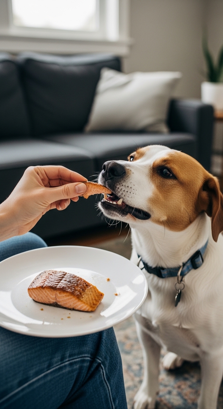 A dog eating a piece of tuna.