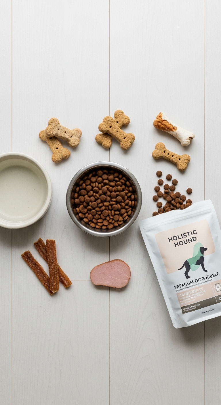 A bowl of dog food with a bag of dog food next to it.