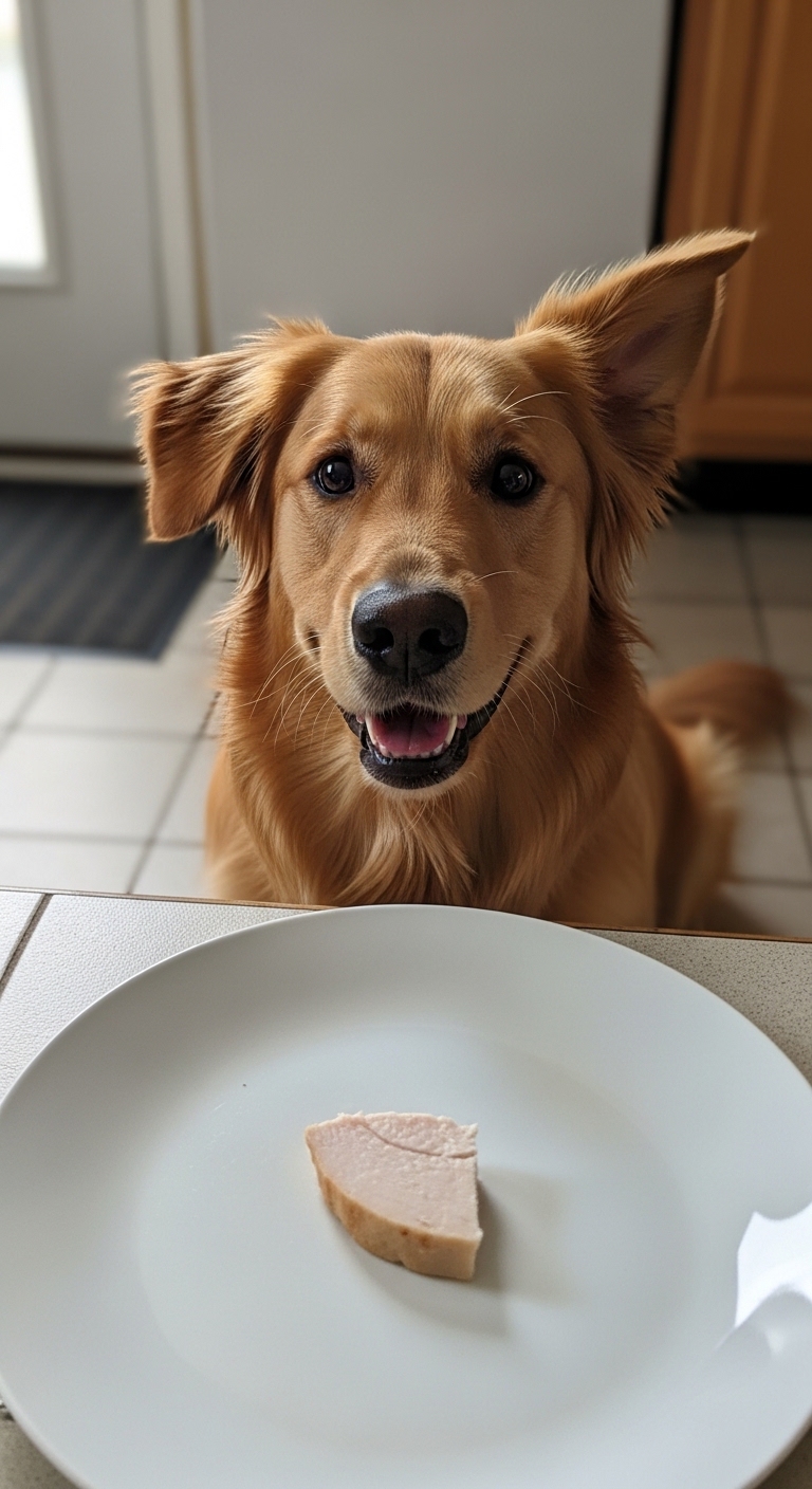 A dog is sitting at a table with a plate of turkey.