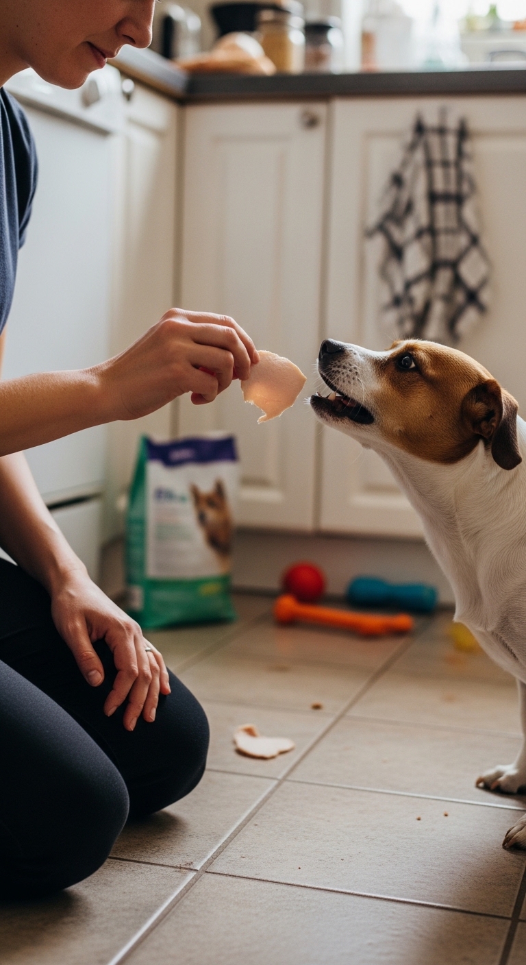 A woman is feeding a dog a piece of turkey.