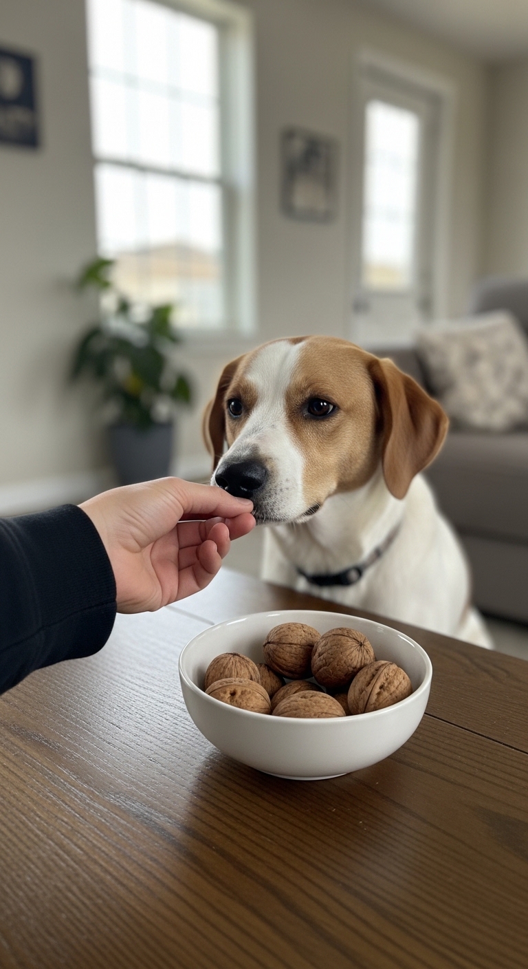 A dog is eating walnuts from a bowl.