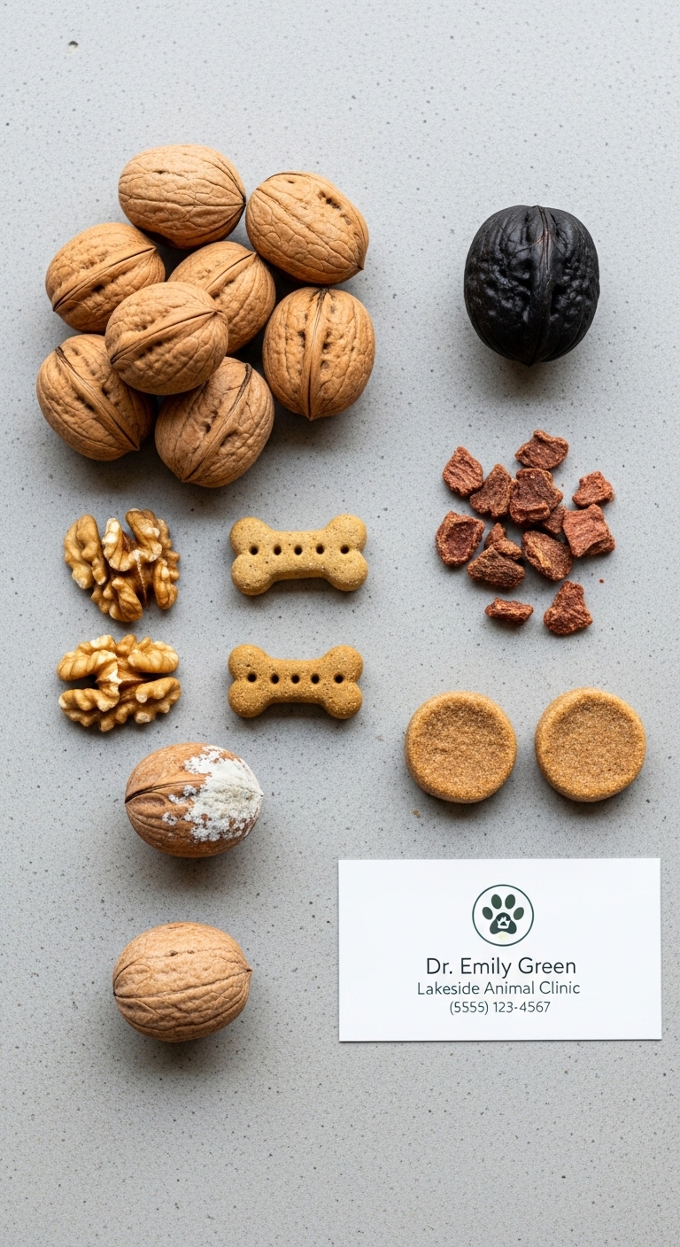 A table with a variety of dog treats including walnuts.