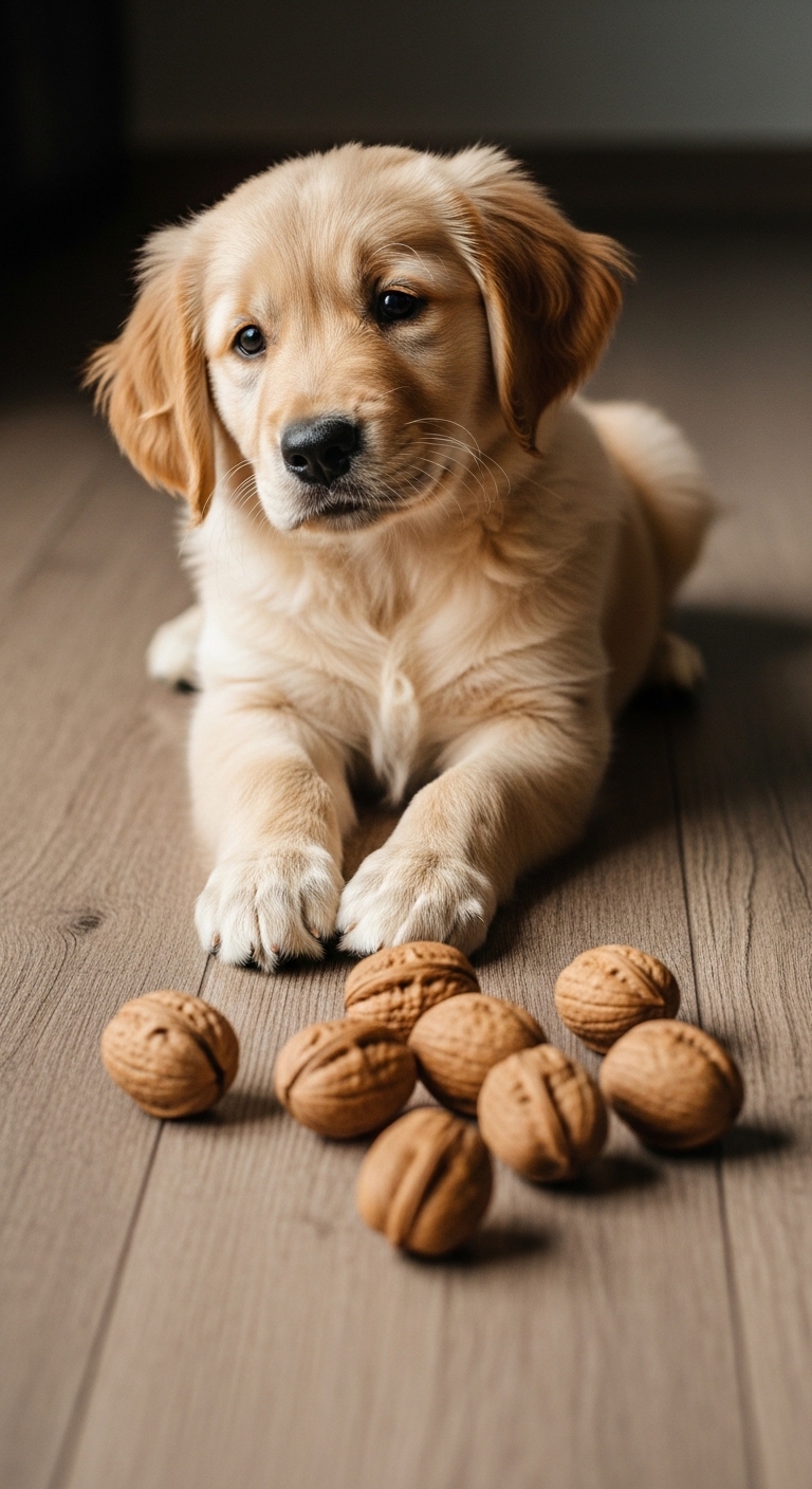 A dog is laying on the floor next to a pile of walnuts.