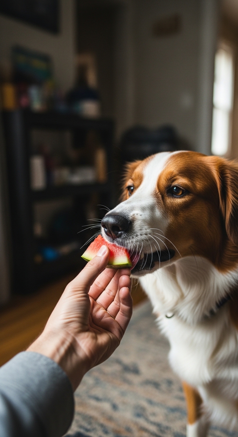 A dog eating a watermelon slice.