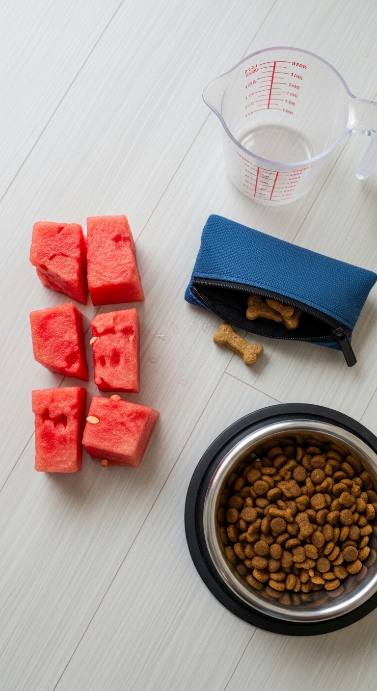 A bowl of dog food sits next to a bag of dog treats.