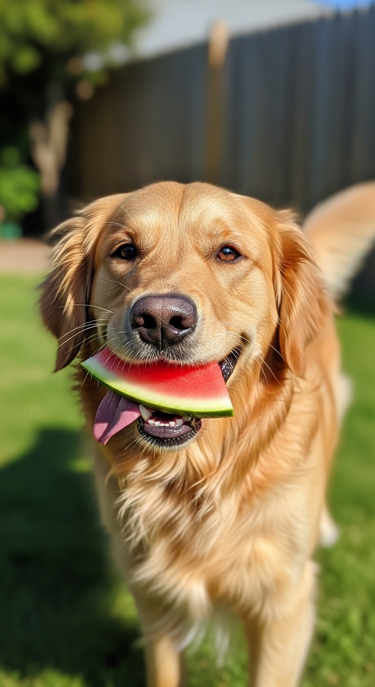 A dog with a watermelon in its mouth.