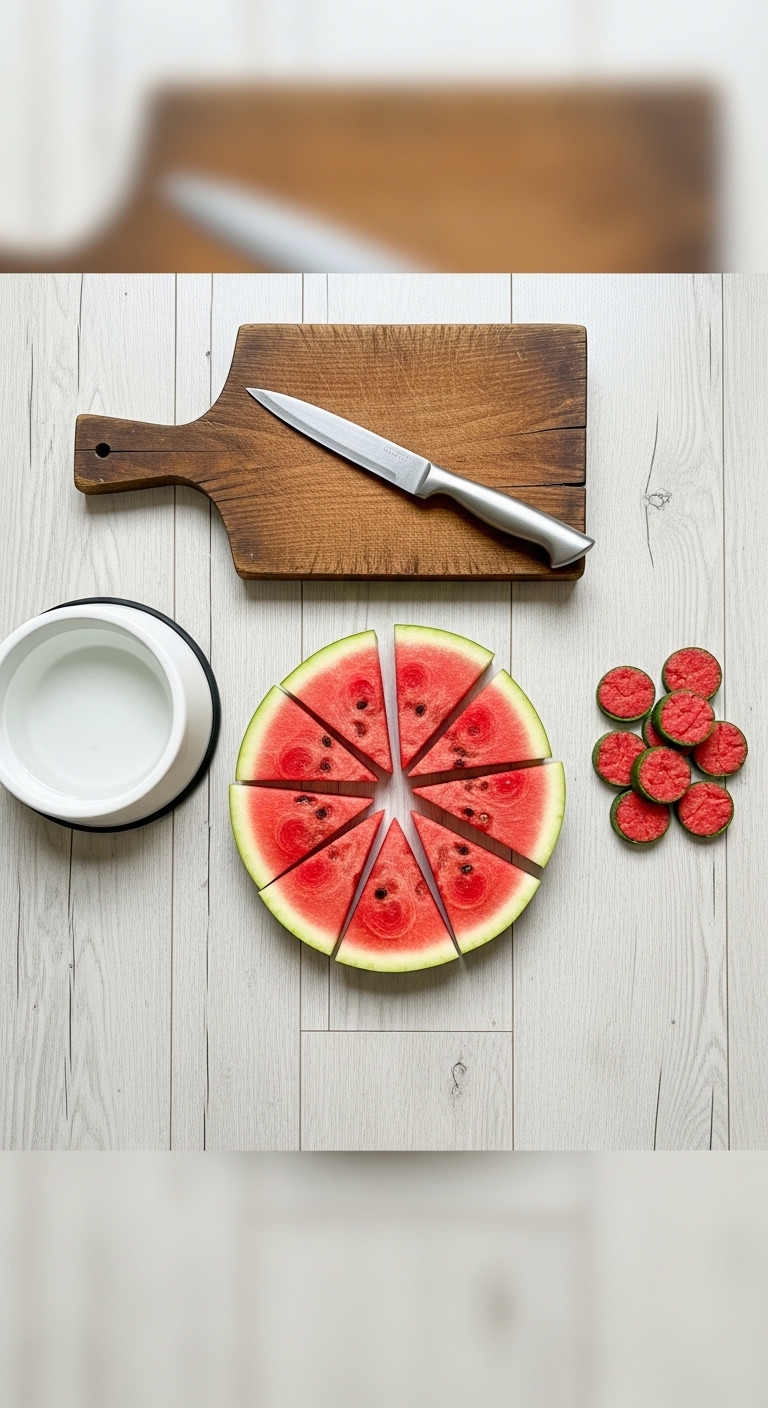 A slice of watermelon on a cutting board.