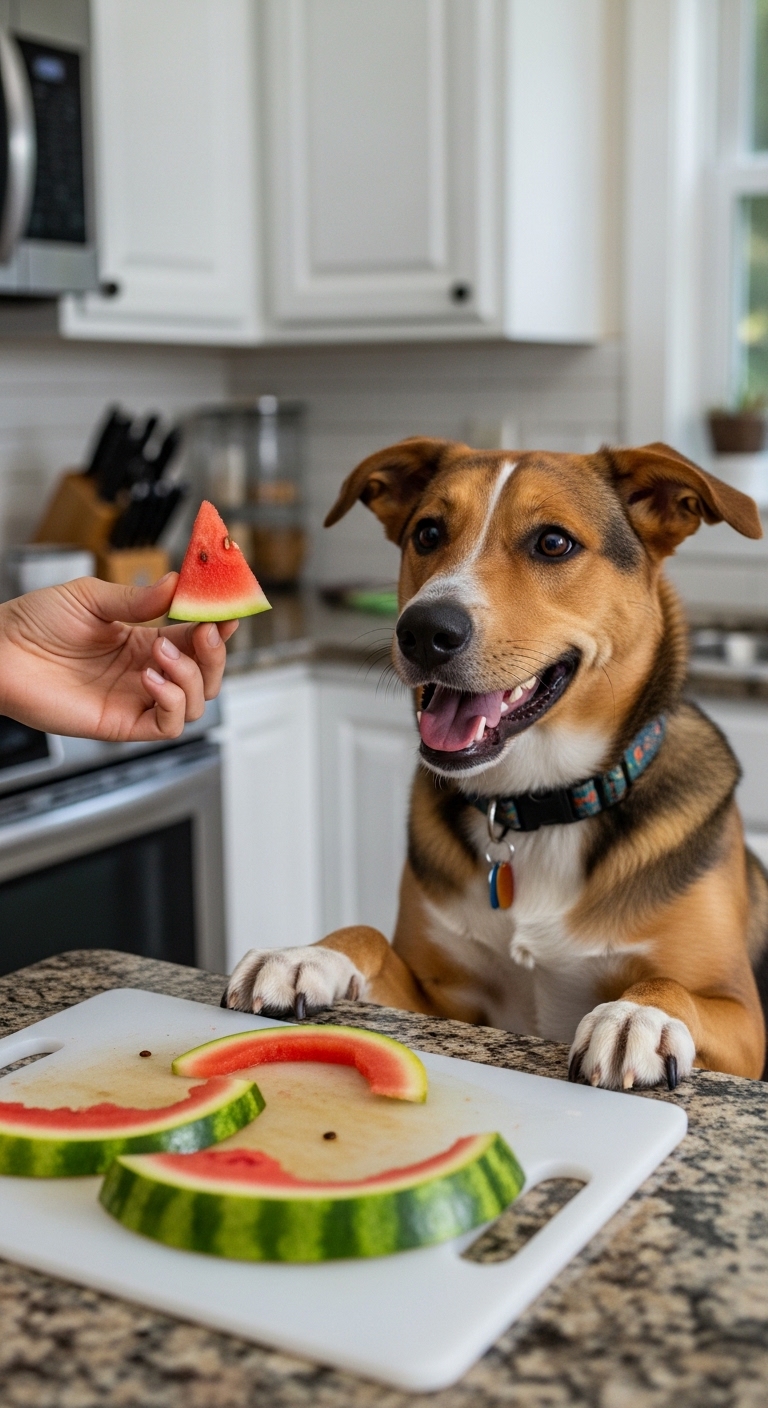 A dog is eating a watermelon slice.