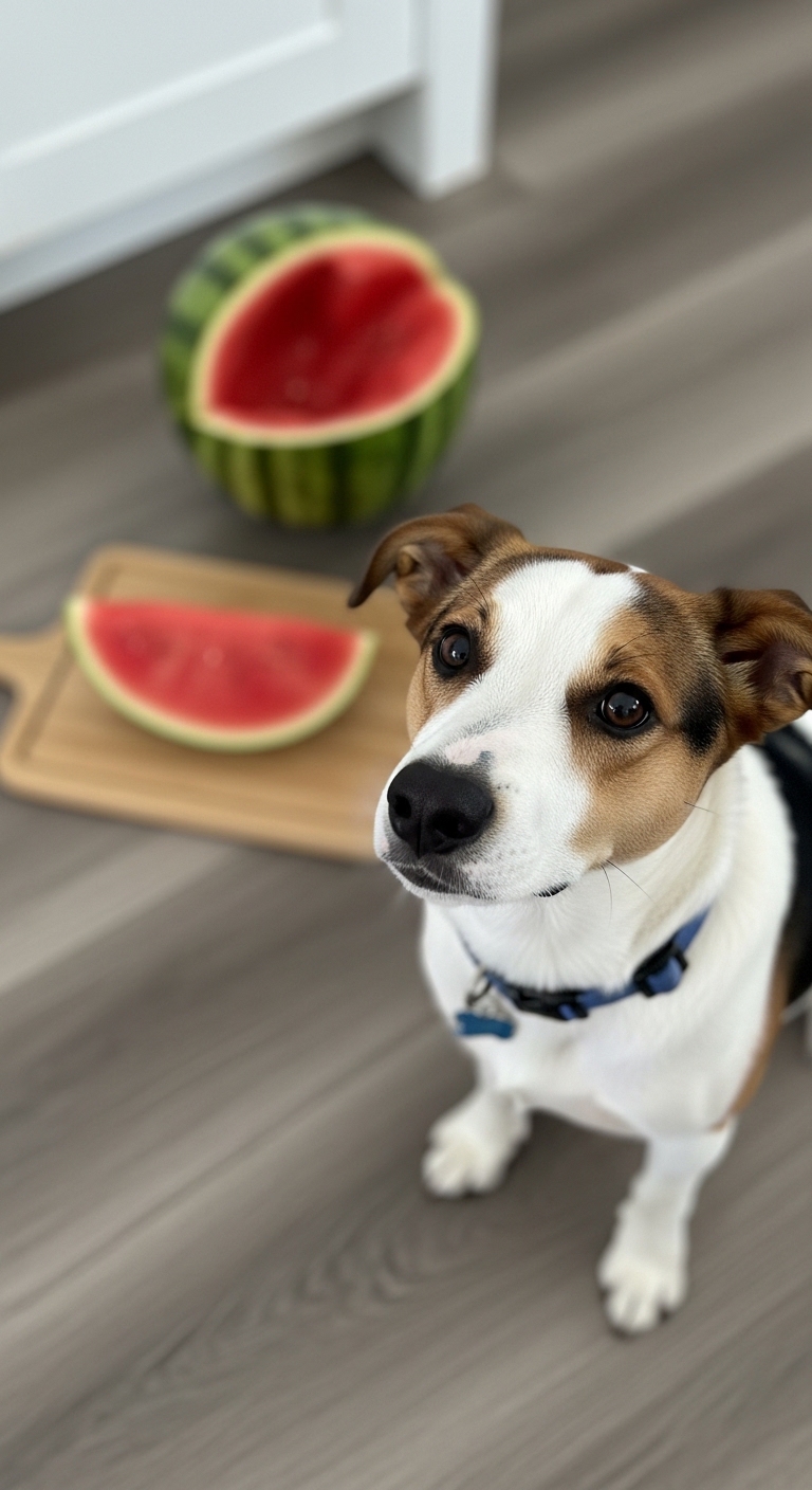 A dog is standing in front of a watermelon.