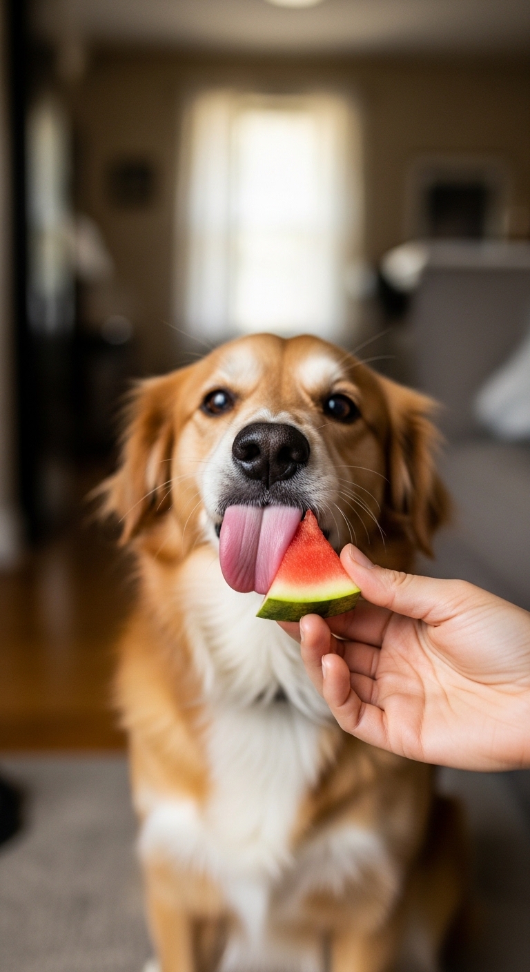 A dog eating a watermelon rind.