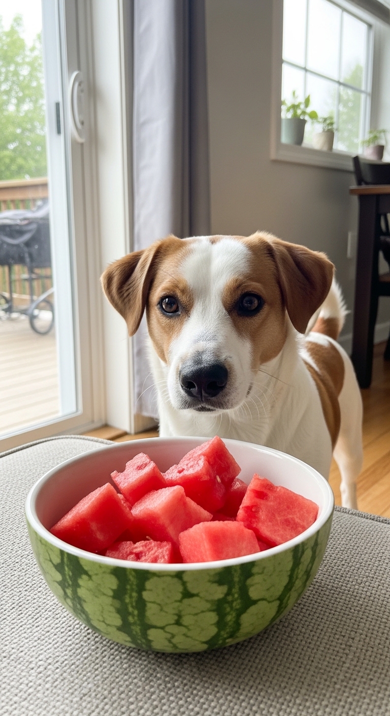 A dog is looking at a bowl of watermelon rinds.