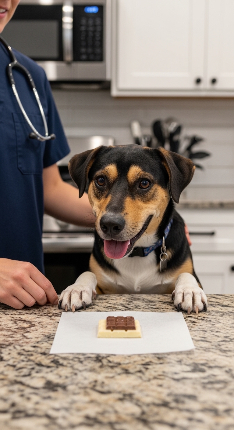 A dog is eating a piece of white chocolate.