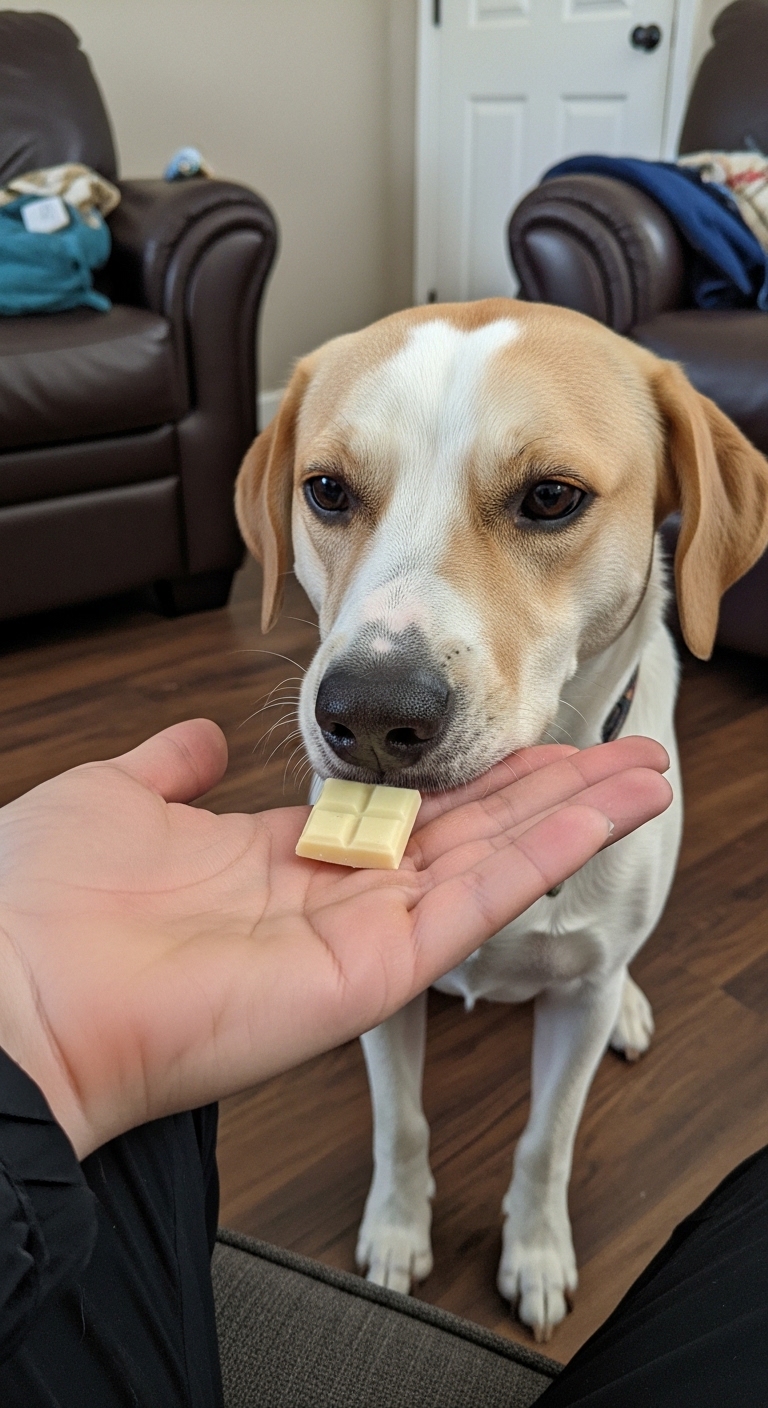 A dog eating a piece of white chocolate.