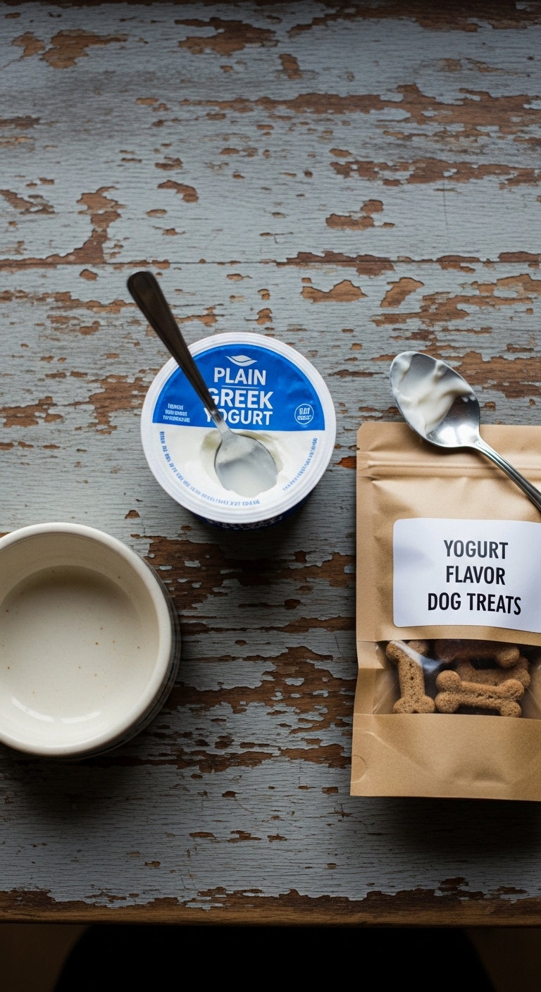 A cup of yogurt and a bag of dog treats.