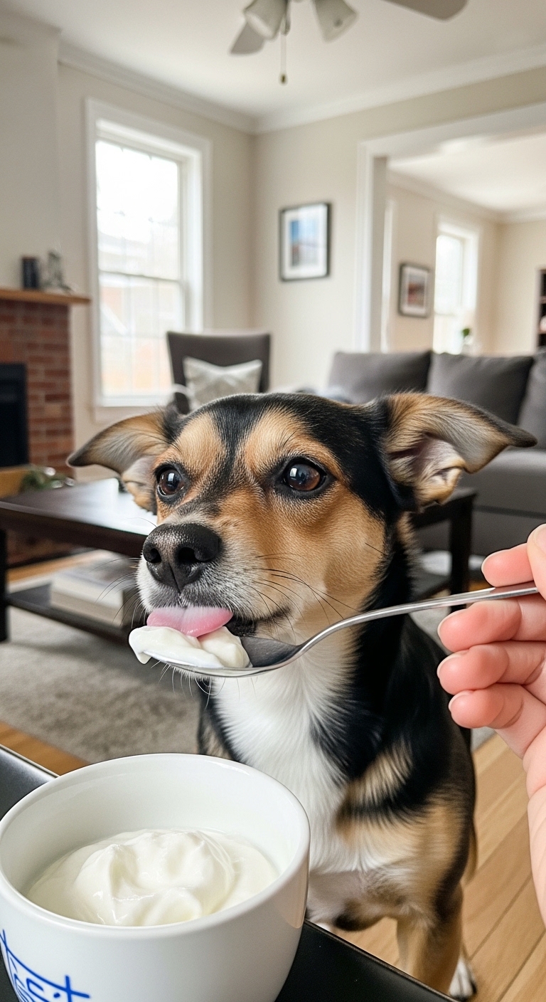 A dog eating yogurt from a spoon.