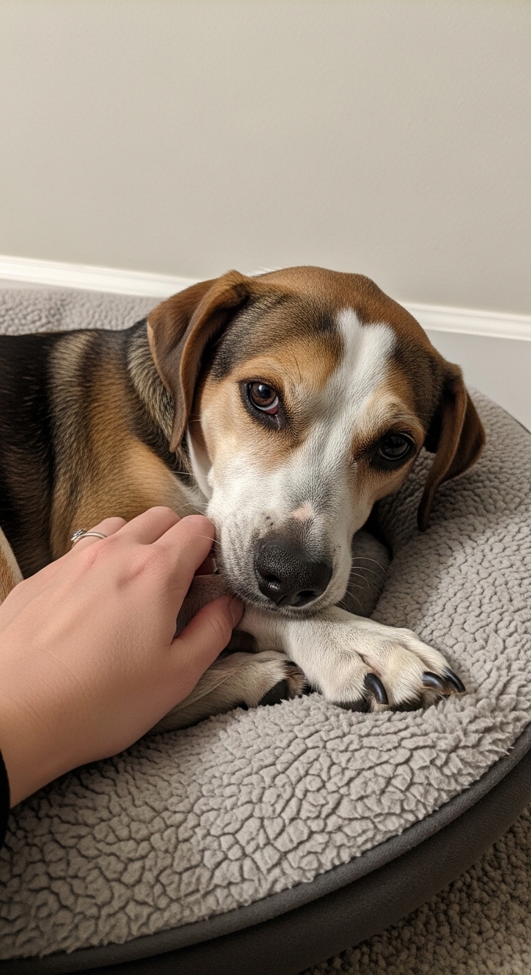 A dog with a ring on its paw.