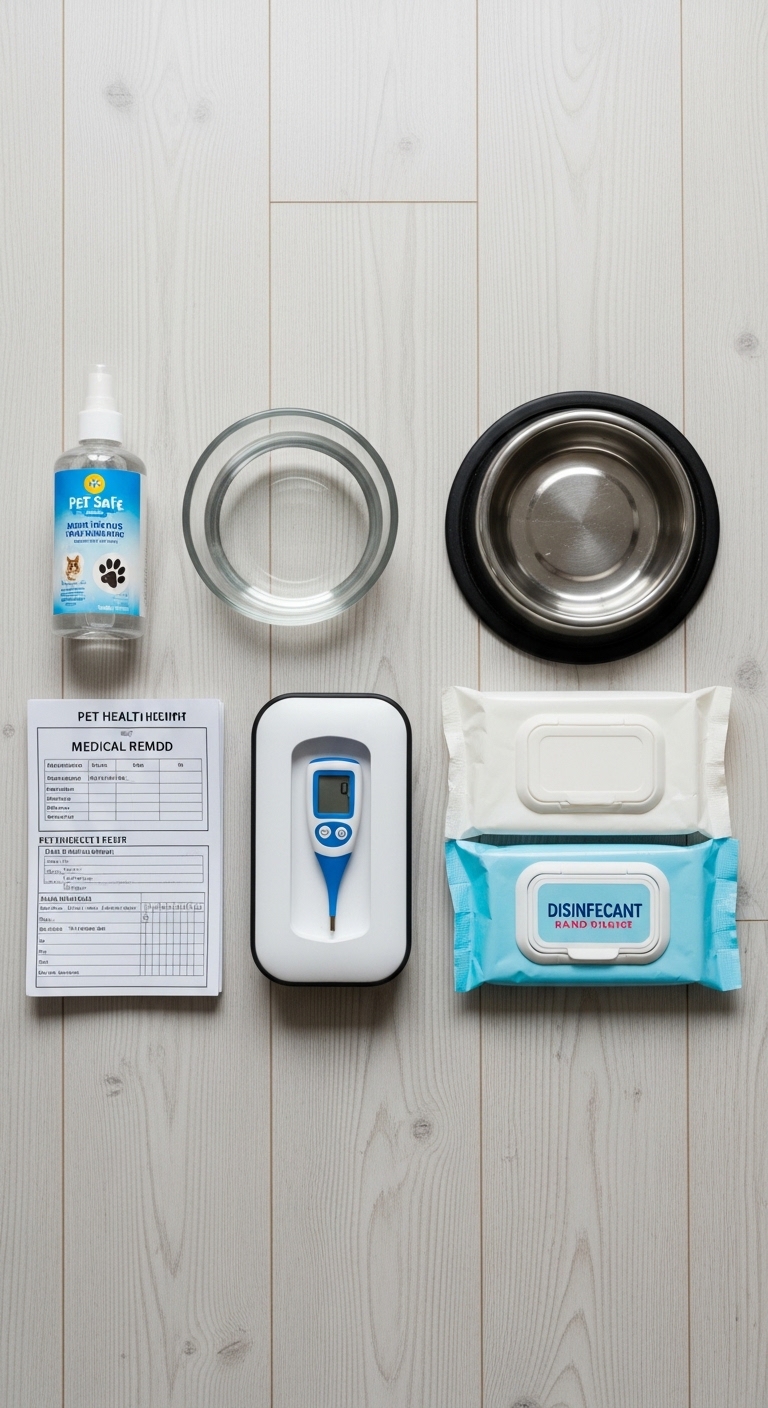 A bottle of Pet Safe is on a table with other items.