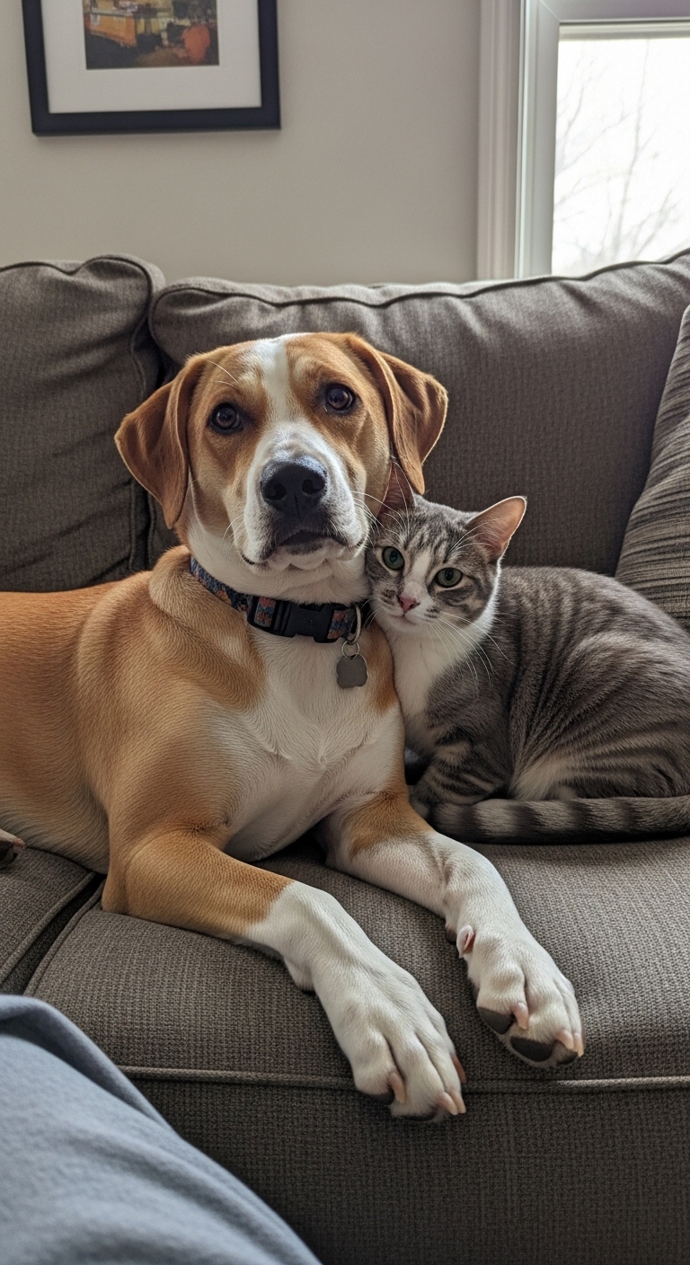 A dog and a cat cuddling on a couch.