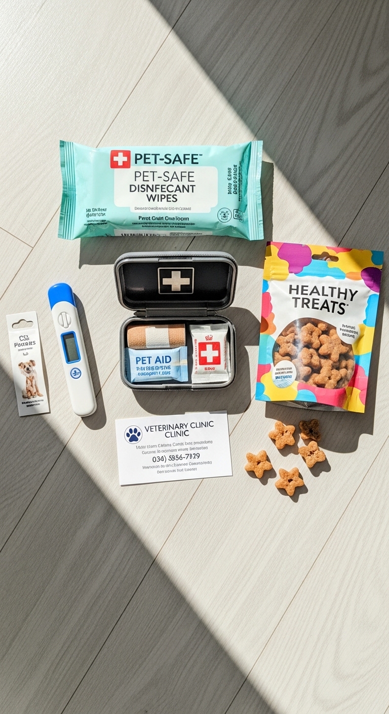 A box of Pet-Safe disinfectant wipes sits next to a box of treats.