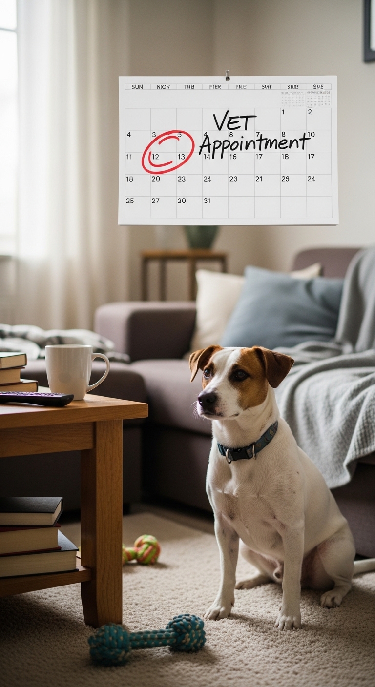 A dog sitting on a couch in front of a calendar.
