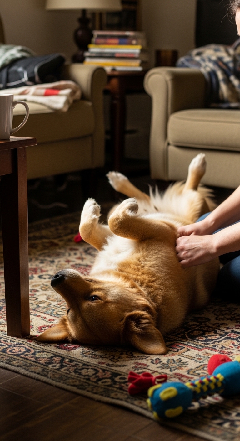 A woman is petting a dog that is laying on the floor.