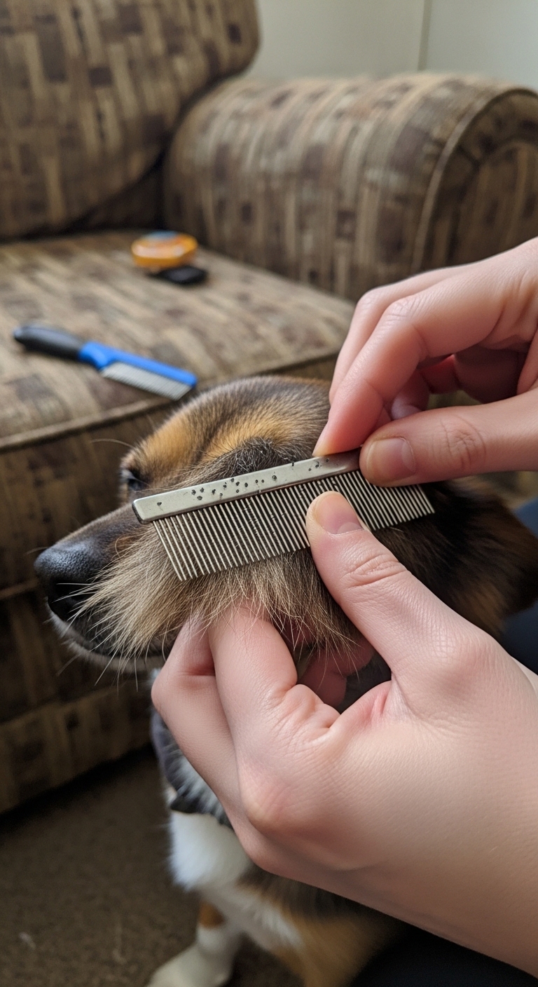 A person is brushing a dog's hair with a comb.