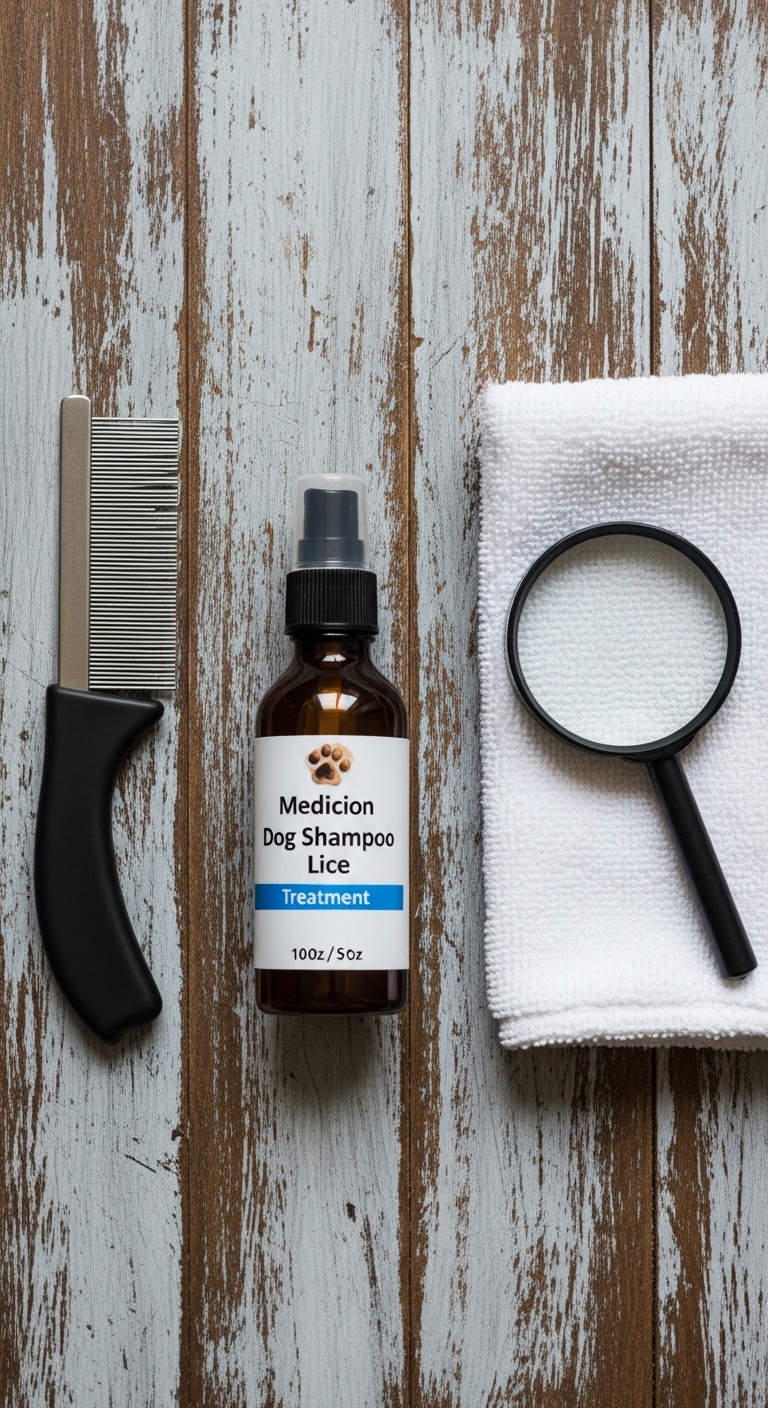 A bottle of medicated dog shampoo and a magnifying glass.