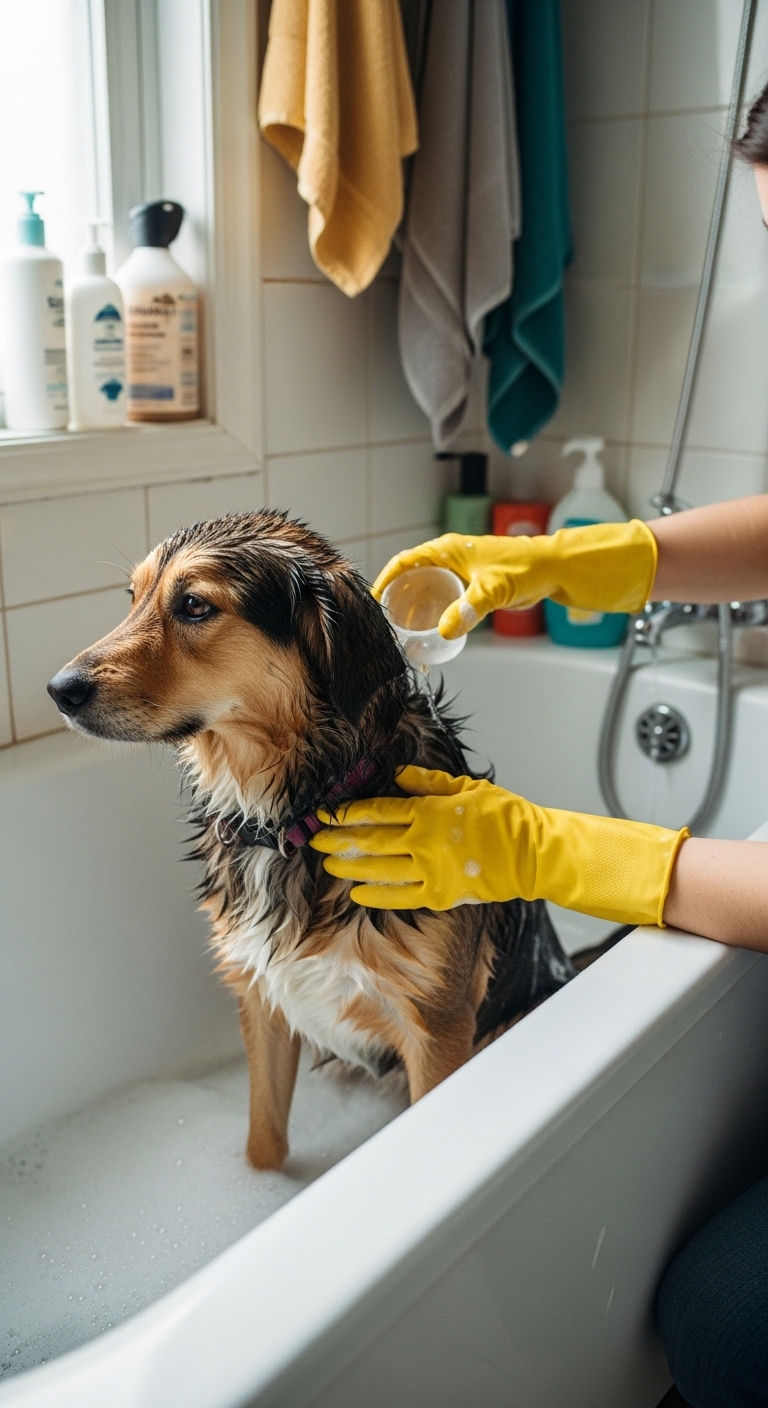 A dog is being bathed in a tub.