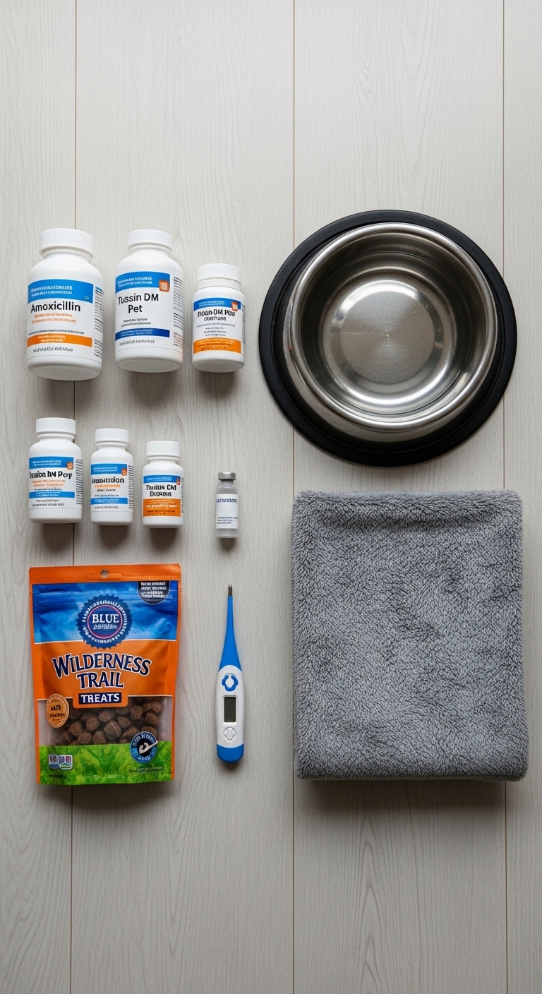 A variety of medications for dogs are displayed on a table.