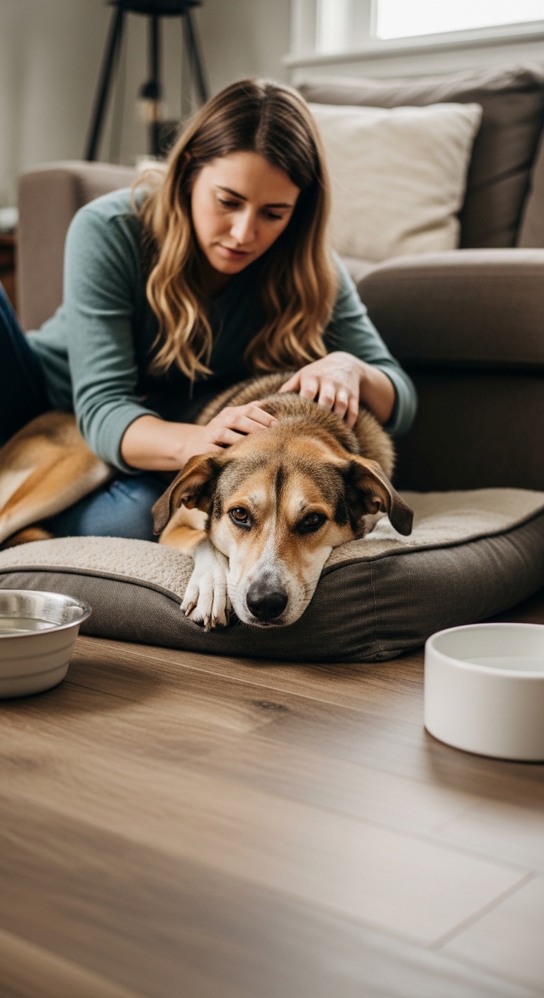 A woman petting a dog that is laying on a couch.