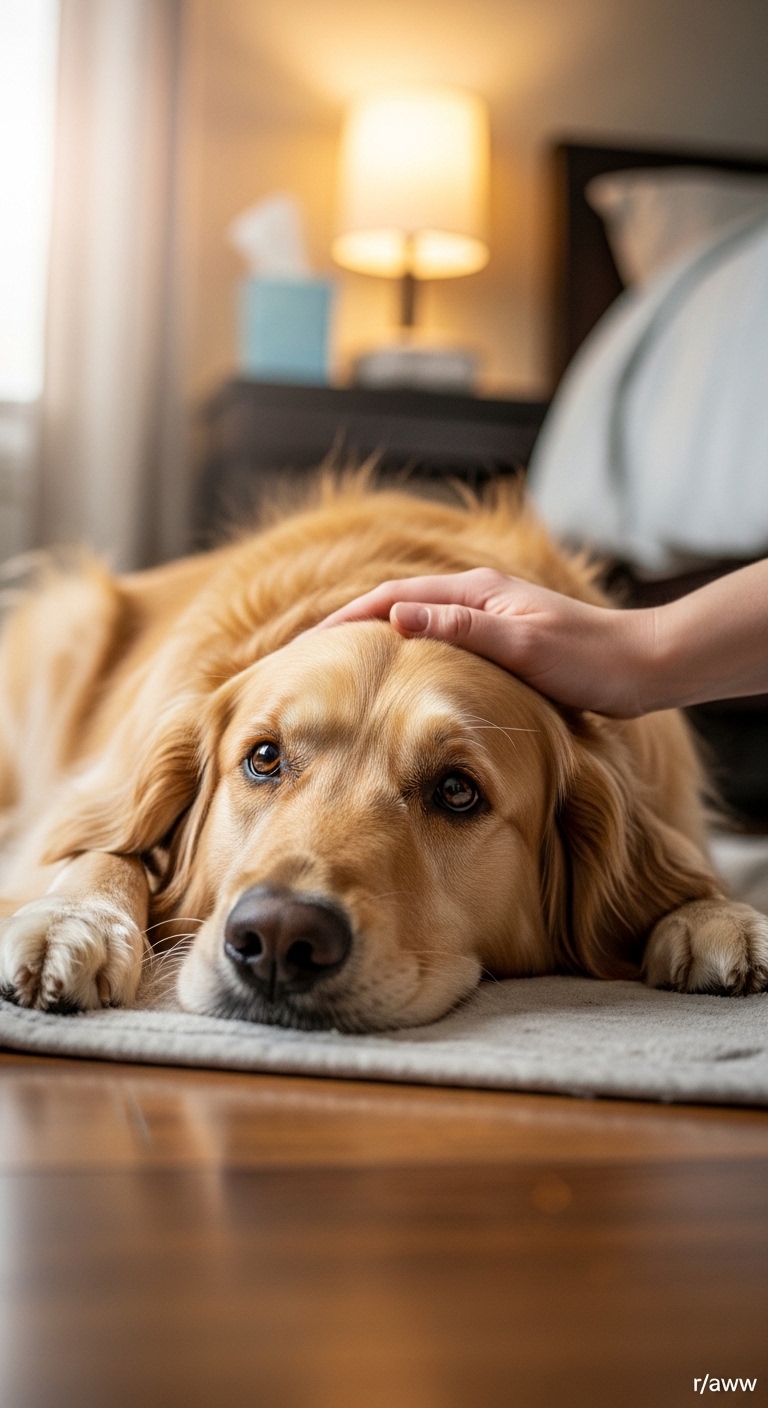 A dog with a human petting its head.