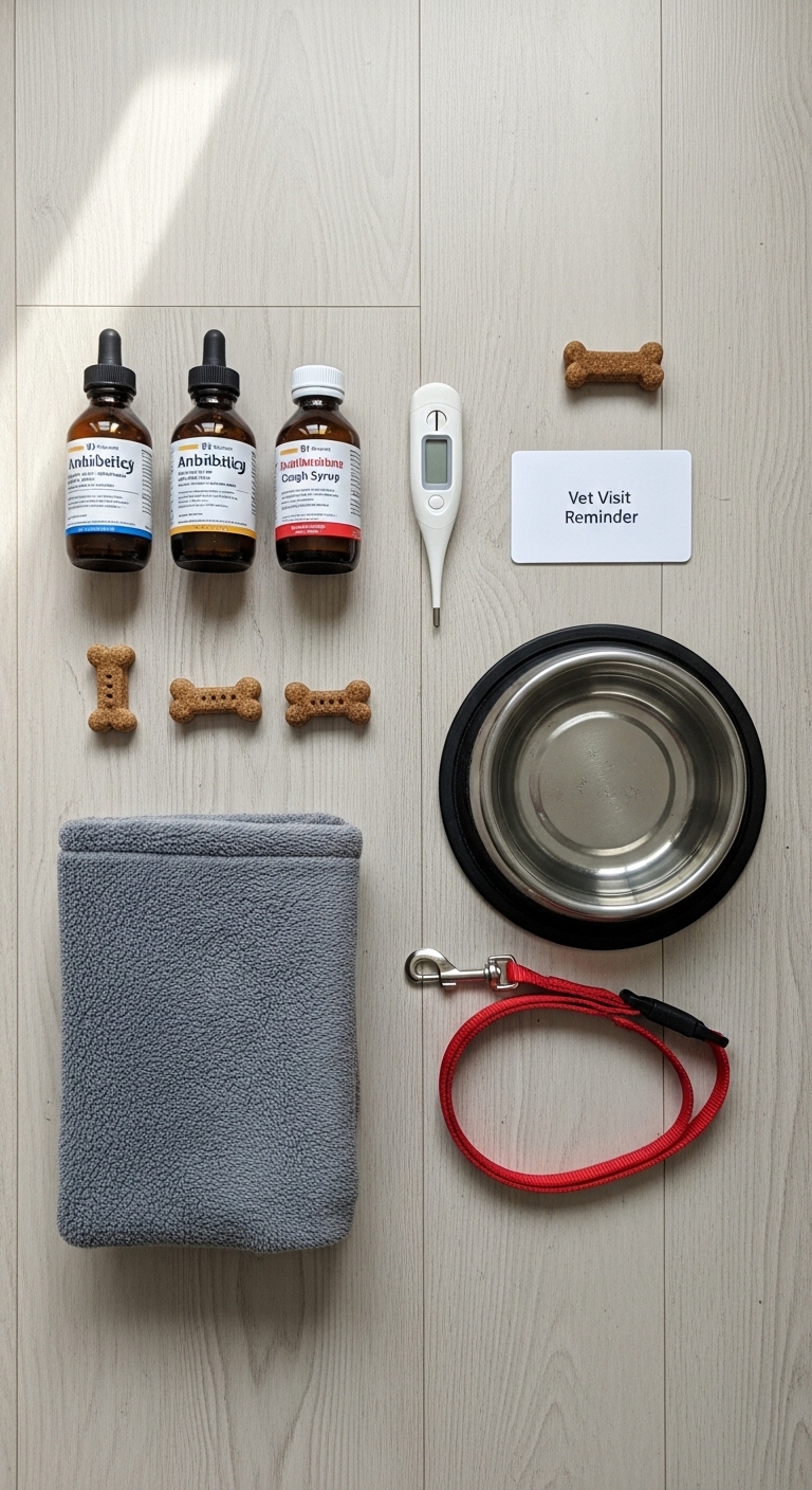 A dog's thermometer and other medical supplies are laid out on a table.