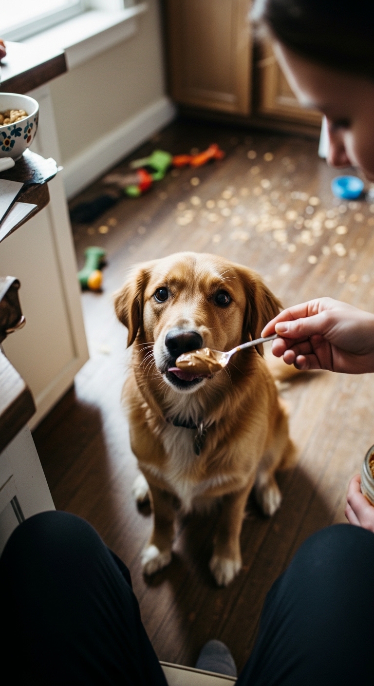 A dog is eating almond butter from a spoon.