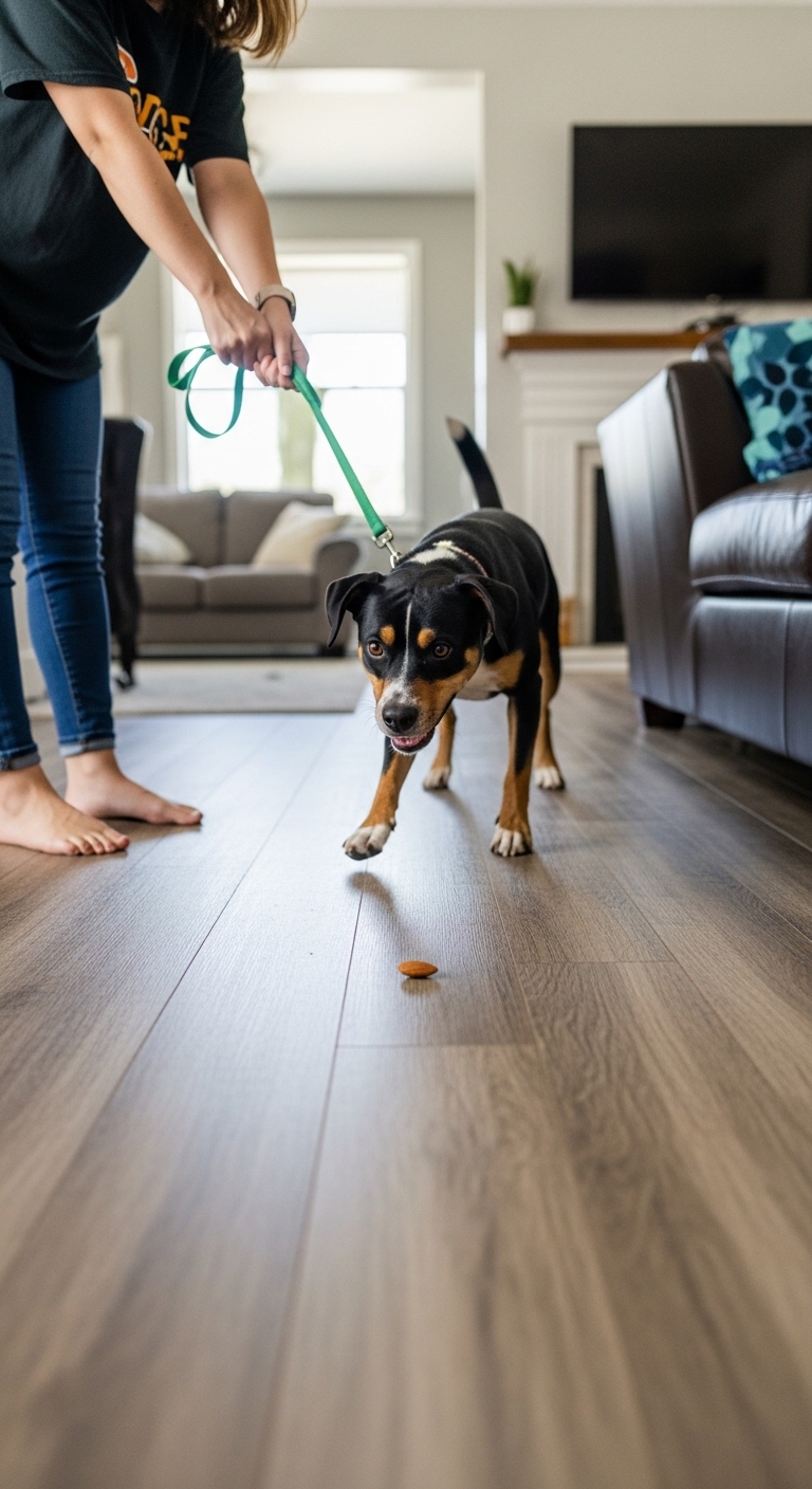 A dog on a leash with a treat in its mouth.