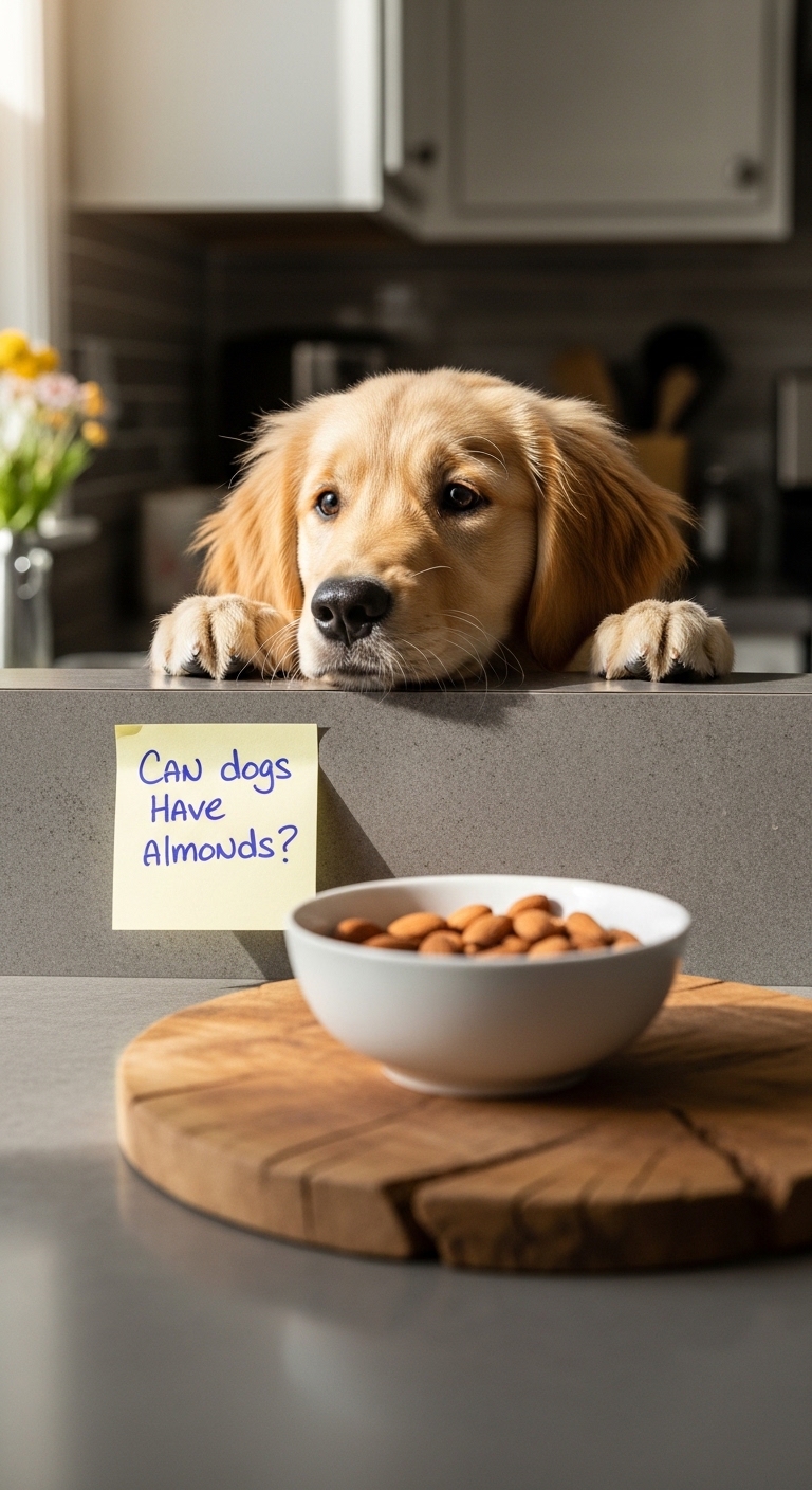 A dog is looking at a bowl of almonds.