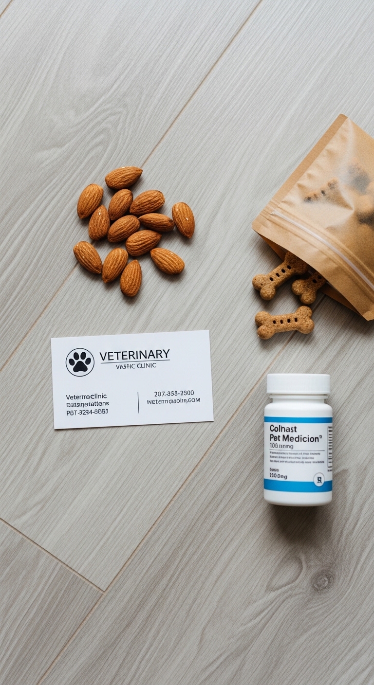A bottle of Collasto Pet Medication sits next to a bag of almonds.