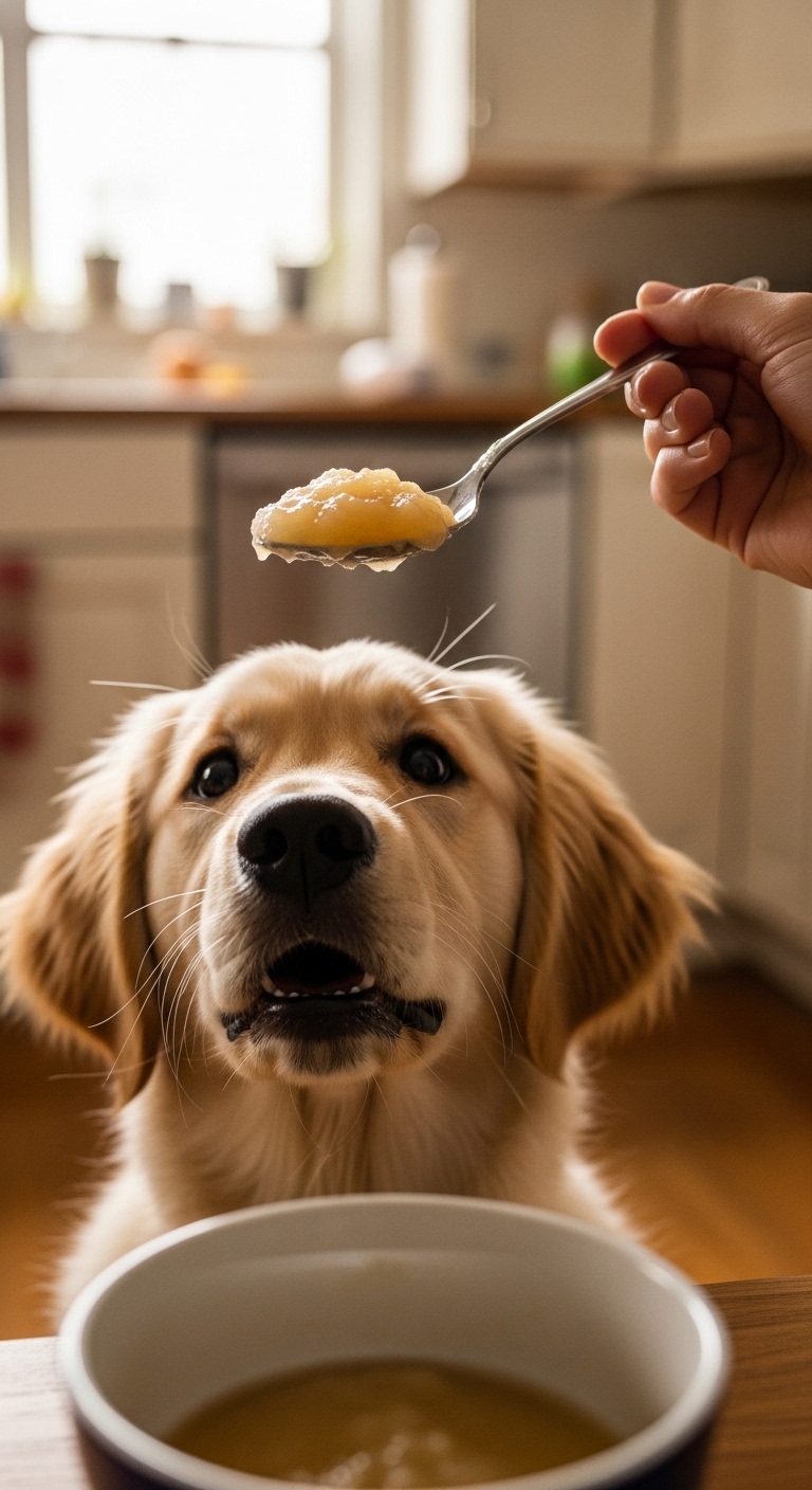 A dog eating applesauce from a spoon.