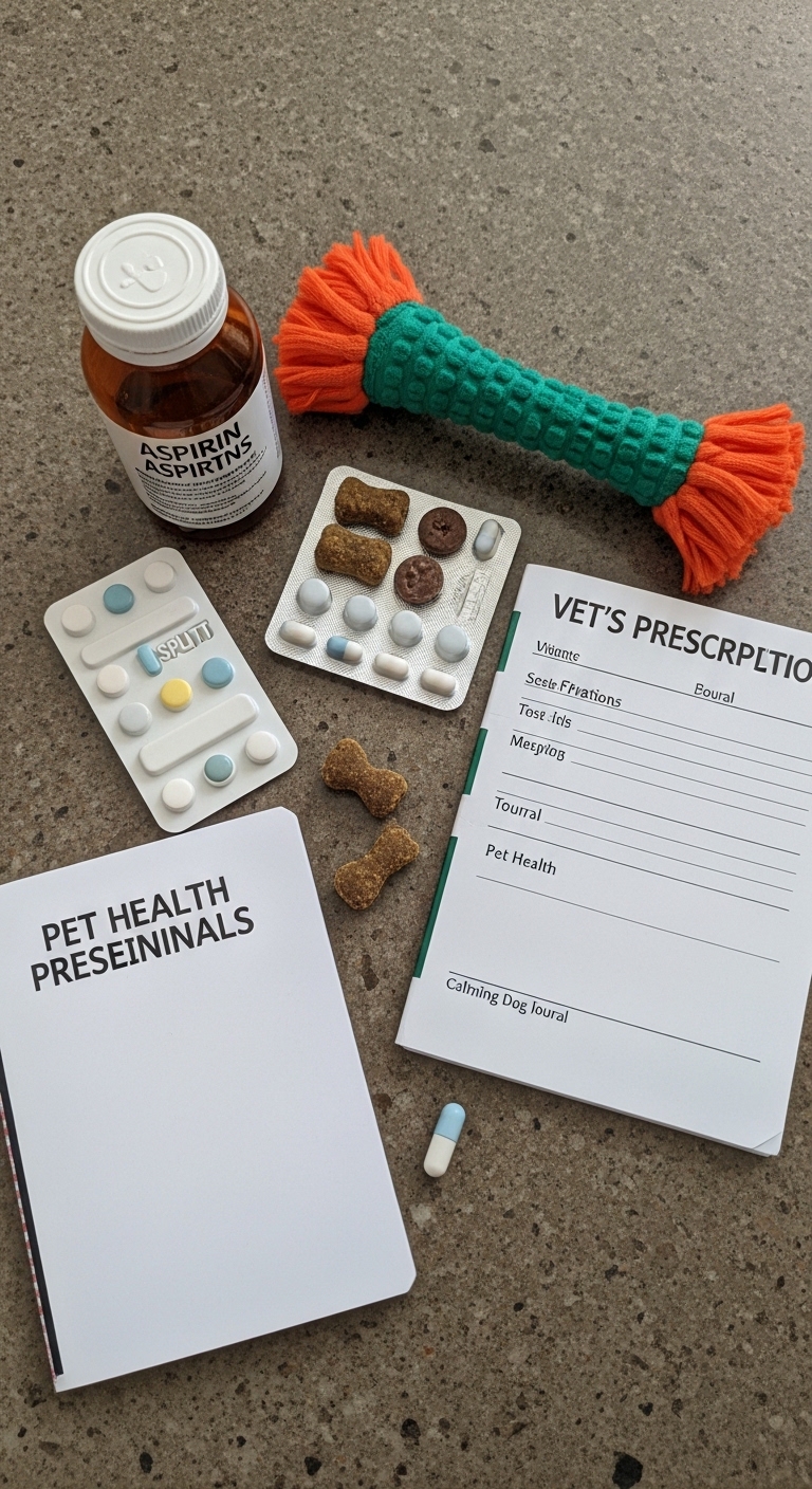 A bottle of aspirin and a dog's prescription.