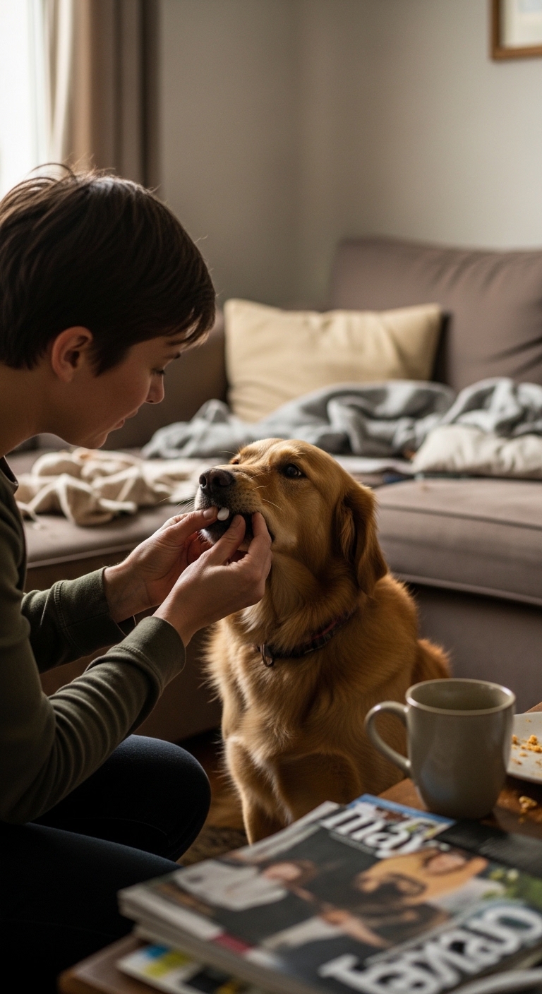 A woman brushing a dog's teeth.